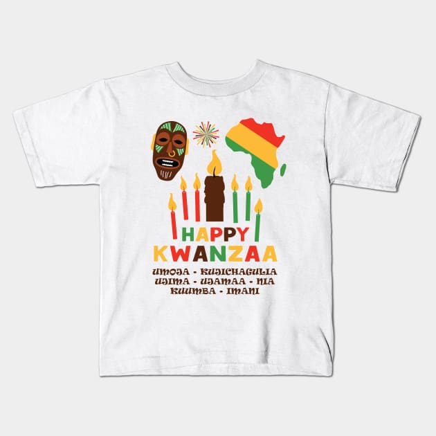 Happy Kwanzaa, Cultural Celebration. African mask and the African continent Kids T-Shirt by Muse